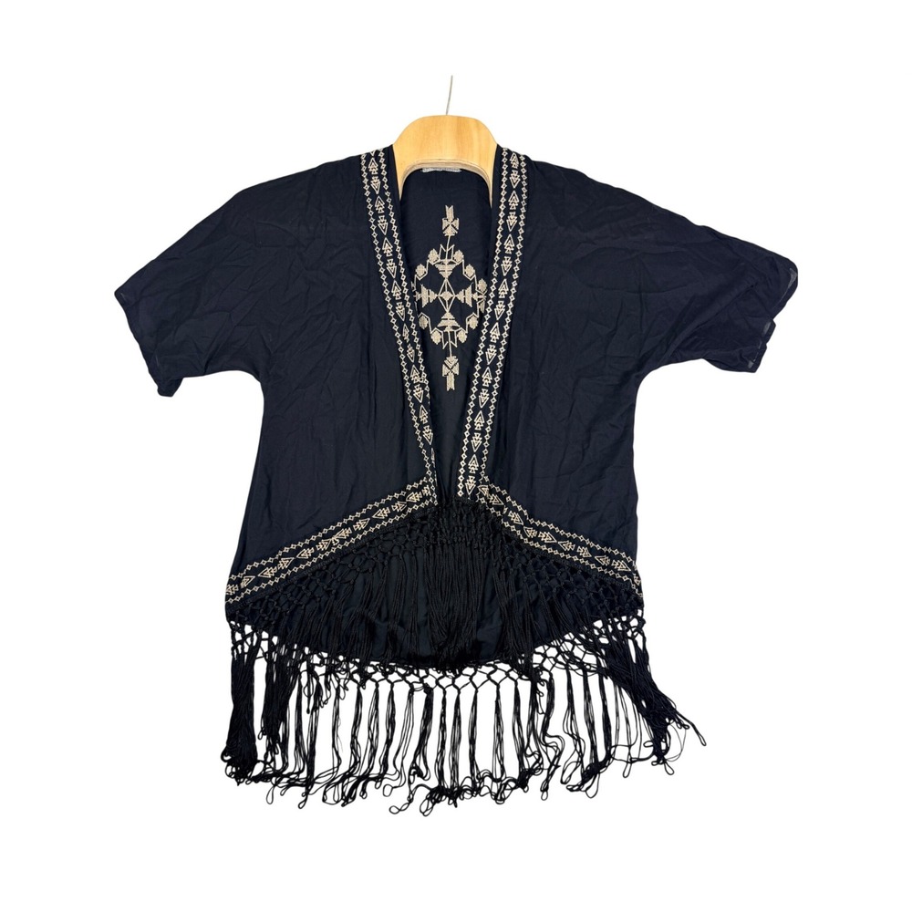 World‎ Market Black Embroidered Fringe Kimono Wrap Boho Macrame S/M